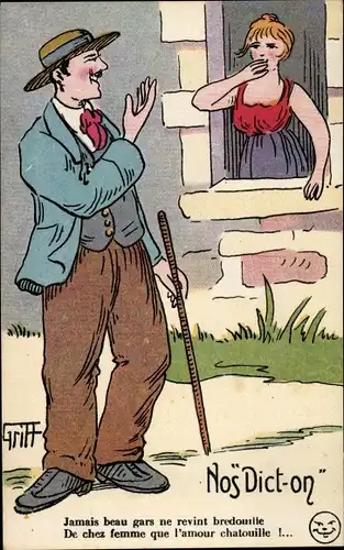 Künstler Ak Griff, Nos Dict-on, Liebespaar, Abschied, Jamais beau gars ne revint bredouille...
