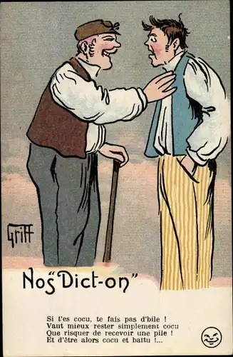 Künstler Ak Griff, Nos Dict-on, Zwei Männer, Gespräch, Si l'es cocu, te fais pas d'bile...