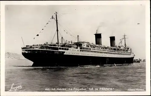 Ak Le Havre, Le Paquebot Ile de France, Dampfer, Dampfschiff, CGT, French Line