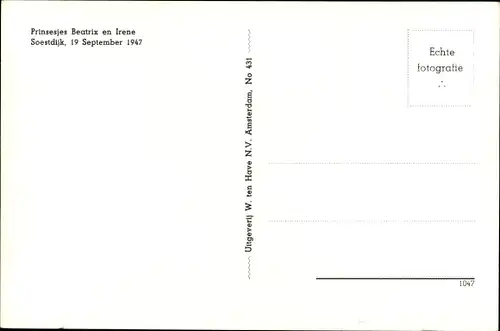 Ak Prinzessin Beatrix und Irene, 1947, Adel Niederlande