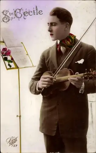 Ak Mann Geige spielend, Musikinstrument, Noten, Sainte Cecile