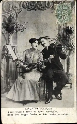 Ak Liebespaar, Musikunterricht, Musiklehrer, Lecon de Musique, Musikintrumente