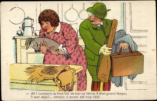 Ak Frau mit Hase, Jagdbeute, Jäger, Ah, comm tu as bien fait du tuer ce lievre...