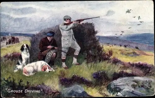 Künstler Ak Grouse Driving, Jäger, Jagdszene, Jagdhunde