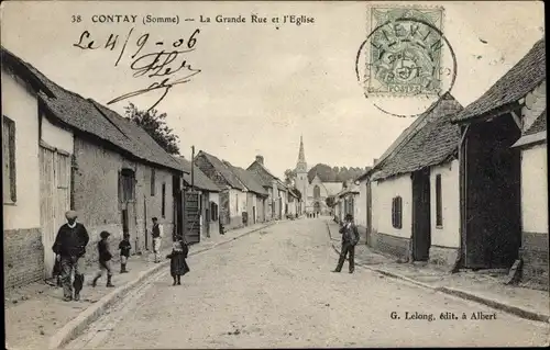 Ak Contay Somme, La Grande Rue et l'Église