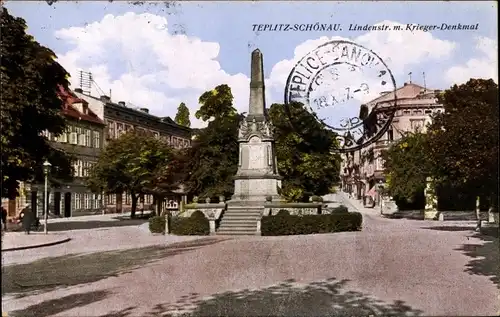 Ak Teplice Šanov Teplitz Schönau Region Aussig, Lindenstraße mit Kriegerdenkmal, Platz