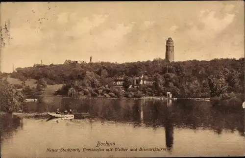 Ak Bochum im Ruhrgebiet, Neuer Stadtpark, Bootshafen mit Weiher und Bismarckturm