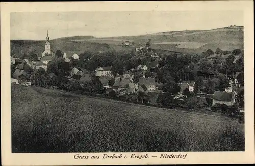 Ak Drebach Erzgebirge, Gesamtansicht der Ortschaft, Niederdorf, Kirche
