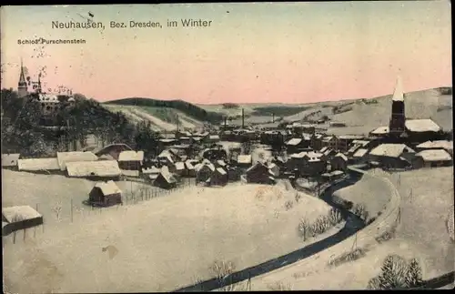 Ak Neuhausen im Erzgebirge Sachsen, Schloss Purschenstein, Winterszene, Kirche, Schnee