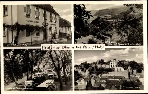 Ak Dhaun im Hunsrück, Panorama, Gasthaus Zur Burg, Terrasse, Brunkenstein