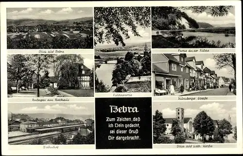 Ak Bebra Hessen, Partie an der Fulda, Nürnberger Straße, Katholische Kirche, Bahnhof