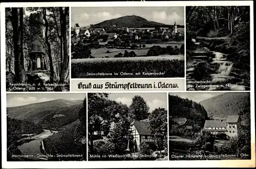 Ak Strümpfelbrunn Waldbrunn Odenwald, Panorama mit Katzenbuckel, Aussichtsturm, Oberer Höllgrund