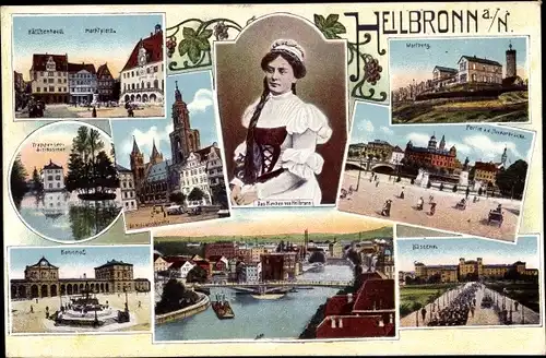 Ak Heilbronn am Neckar, Ansichten, Kätchenhaus, Marktplatz, Wartberg, Neckarbrücke, Bahnhof
