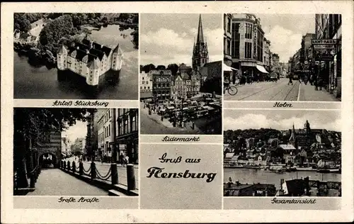 Ak Flensburg in Schleswig Holstein, Schloss Glücksburg, Südermarkt, Holm, Große Straße, Panorama