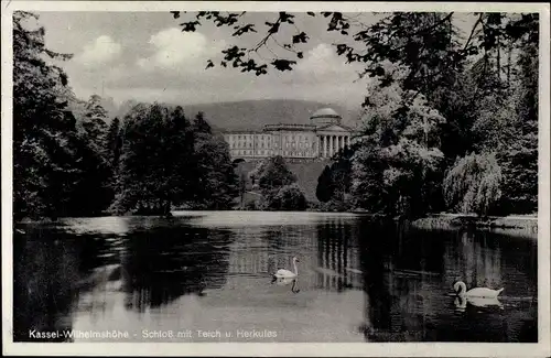 Ak Bad Wilhelmshöhe Kassel in Hessen, Schloss mit Teich, Schwänen und Herkules