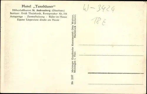 Künstler Ak Sankt Andreasberg Braunlage im Oberharz, Hotel Tannhäuser, Automobil