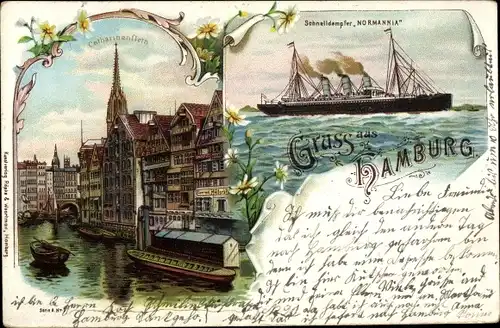 Litho Hamburg Mitte Altstadt, Catharinenfleth, Schnelldampfer Normannia, Gasthaus, Conrad Müller