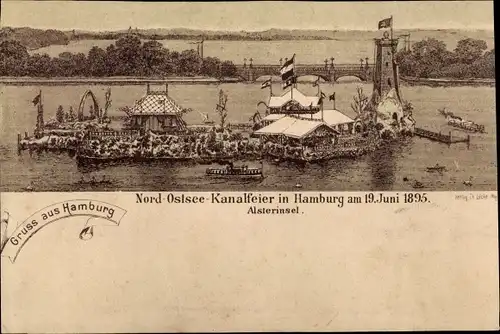 Ak Hamburg Altstadt, Nord-Ostsee Kanalfeier am 19. Juni 1895, Alsterinsel