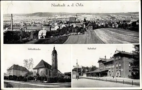 Ak Neustadt an der Orla, Gesamtansicht, Schlosskirche, Bahnhof, Gleisseite