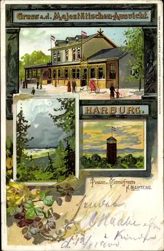 Passepartout Litho Hamburg Harburg, Gasthaus Majestätische Aussicht, Aussichtsturm