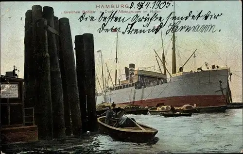 Ak Hamburg, Dampfer, Gretchen Bohlen und Duc' d'Albengruppe im Hafen