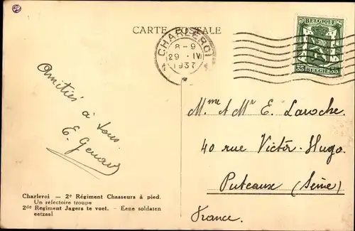 Ak Charleroi Wallonien Hennegau, 2e Regiment Chasseurs a pied, eetzaal, Regiment Jagers te voet