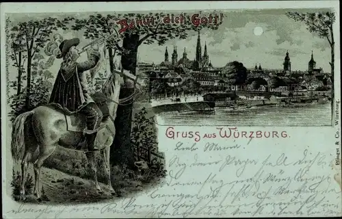 Mondschein Litho Würzburg am Main Unterfranken, Blick auf den Ort, Trompeter von Säckingen