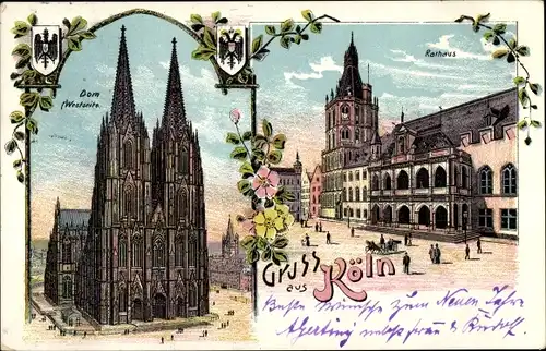 Litho Köln am Rhein, Rathaus, Dom, Westseite