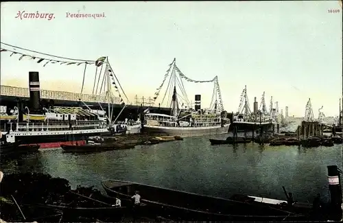 Ak Hamburg Mitte, Partie am Petersenquai, Dampfer, Boote