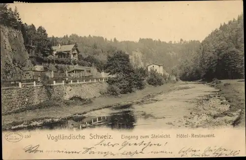 Ak Pöhl Vogtland, Vogtländische Schweiz, Eingang zum Steinicht, Hotel Restaurant