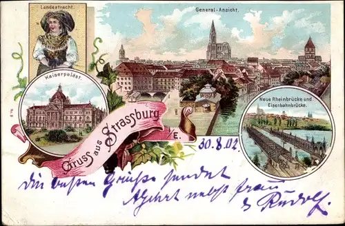 Litho Strasbourg Straßburg Elsass Bas Rhin, Frau in Tracht, Kaiserpalast, Rheinbrücke, Eisenbahnbrüc