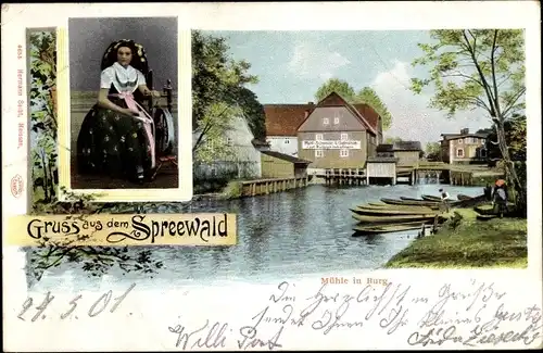 Ak Burg im Spreewald, Frau in Volkstracht, Mühle