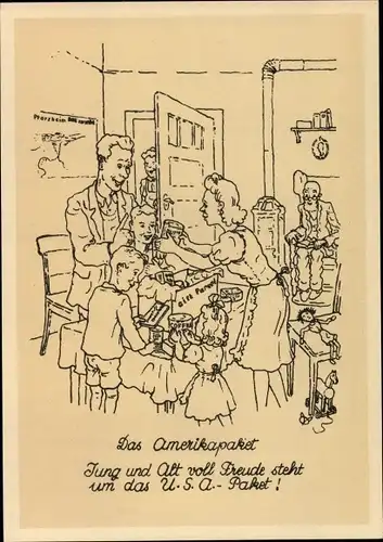 Ak Das Amerikapaket, Jung und alt voll Freude steht, Care Paket, Feilnagel 1946