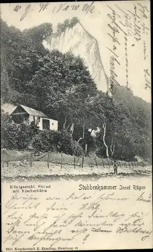 Ak Stubbenkammer Sassnitz auf Rügen, Königsstuhl, Strand, Fischerhütte