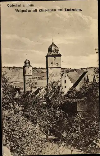 Ak Ochsenfurt am Main Unterfranken, Wallgraben mit Klingenturm und Taubenturm