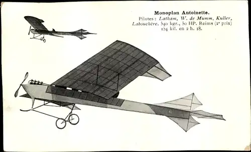 Ak Monoplan Antoinette, Pilotes: Latham, W. de Mumm, Kuller, Flugzeuge