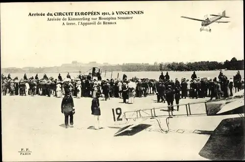 Ak Arrivee du Circuit Europeen 1911, a Vincennes, Arrivee de Kimmerling sur Monoplan Sommer