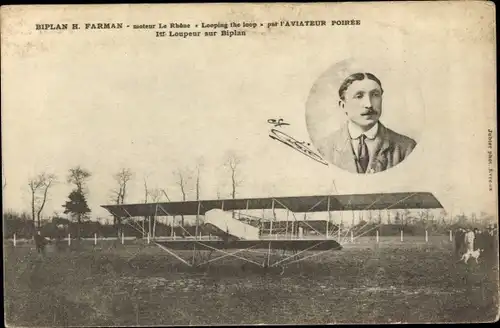 Ak Biplan H. Farman, Moteur Le Rhone Looping the loop par l'Aviateur Poiree