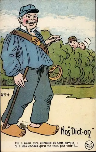 Künstler Ak Griff, Nos Dict-on, Liebespaar hinter Gebüsch, On a beau etre curieux et tout savoir...