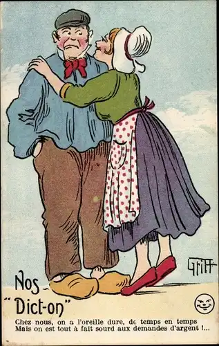 Künstler Ak Griff, Nos Dict-on, Liebespaar, Chez nous, on a l'orelle dure...
