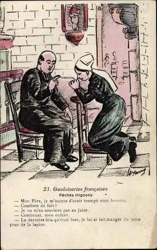 Künstler Ak Gauloiseries Francaises, Peches mignons, Mon Père, je m'accuse d'avoir trompé mon homme