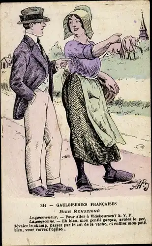 Künstler Ak Gauloiseries Francaises, Bien Renseigné, Le promeneur, la paysanne