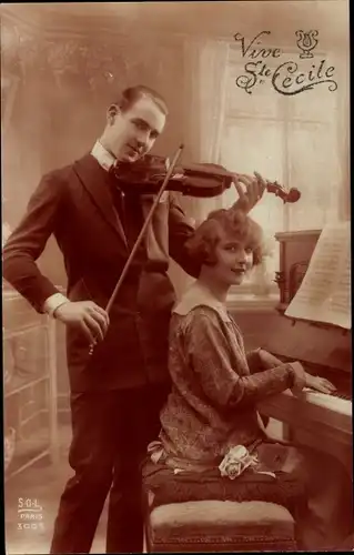 Ak Liebespaar Musikinstrumente spielend, Geige, Klavier, Vive Sainte Cecile
