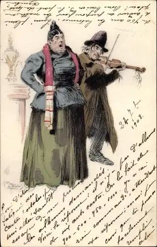 Künstler Ak Mann Geige spielend, Singende Frau
