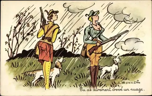 Künstler Ak Zwei Jägerinnen, Jagdhunde, Regnerisches Wetter