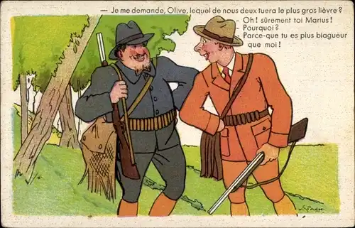 Künstler Ak Zwei Jäger, Jagdwaffen, Je me demande, Olive, lequel de nous deux fuera le plus lievre?