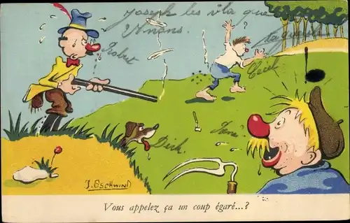 Künstler Ak Gschwind, J., Betrunkener Jäger schießt auf einen Mann, Bauer, Jagdhund