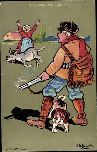 Künstler Ak Beauvais, C., Les Sports, Le Tir, Chasseur, Jäger, Erschrockene Bäuerin, Jagdhund