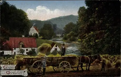 Ak Gruß aus Westfalen, Bauern, Fuhrwerk, Pferd, Wohnhäuser, Westfalenlied