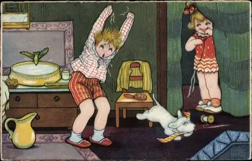 Künstler Ak Boriss, M., Junge zieht sich an, Enges Hemd, Humor, Hund